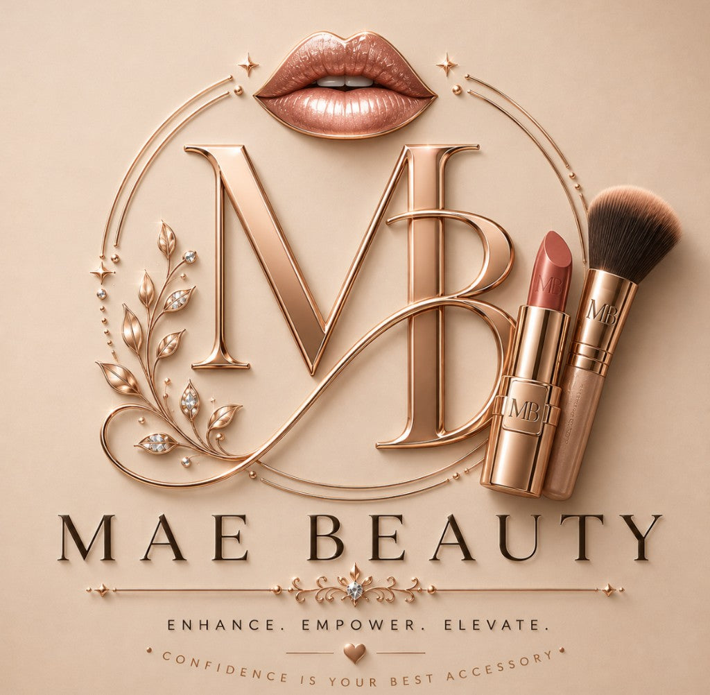 MAE Beauty logo with rose gold MB monogram